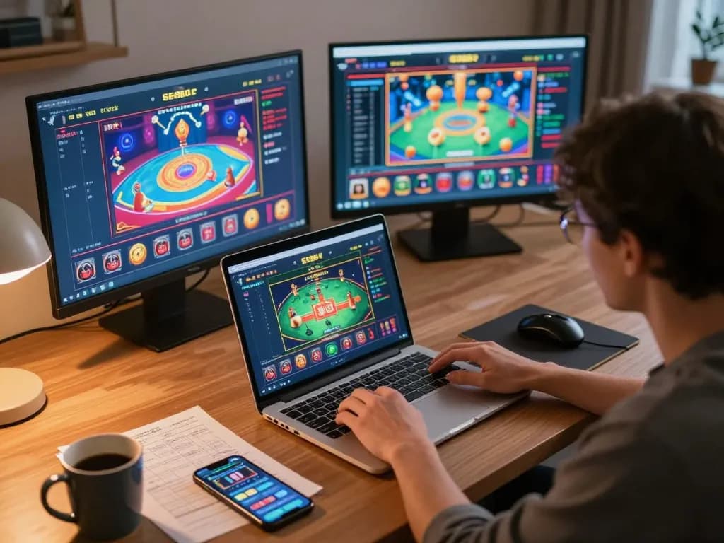 An enthusiastic player engaging with SC88e casino games on a laptop in a cozy home office.