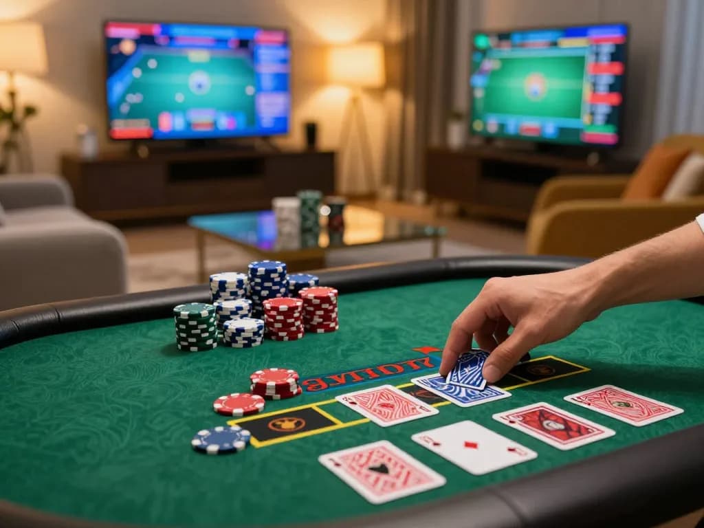 Hand placing a bet on an online casino device featuring keyword 5679 on stylish coffee table.