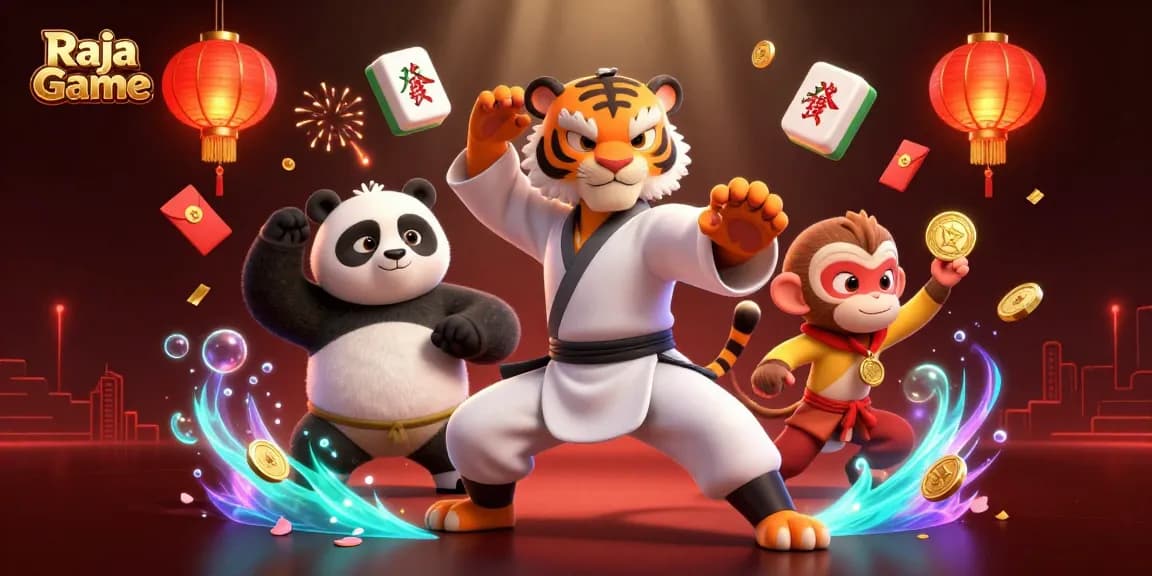 Engage with Raja Game’s thrilling experience featuring a kung fu tiger master student triumphing amid vibrant casino symbols.