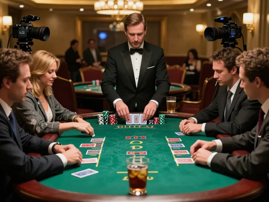 Intensity at a TO288 blackjack game with players focused on strategy and dealer managing bets.