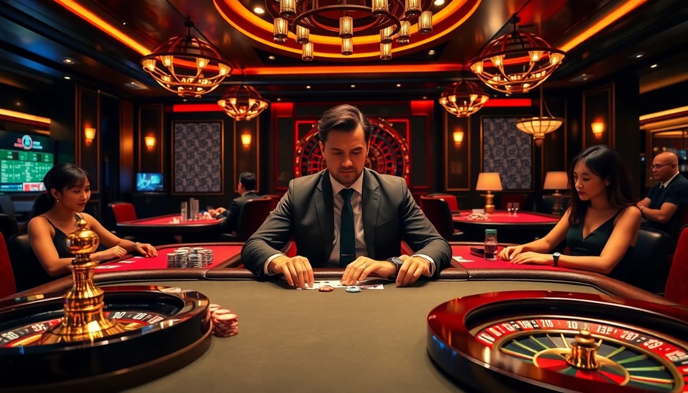 Exciting poker action at nhà cái lu88, showcasing luxurious gaming tables and an upscale atmosphere.