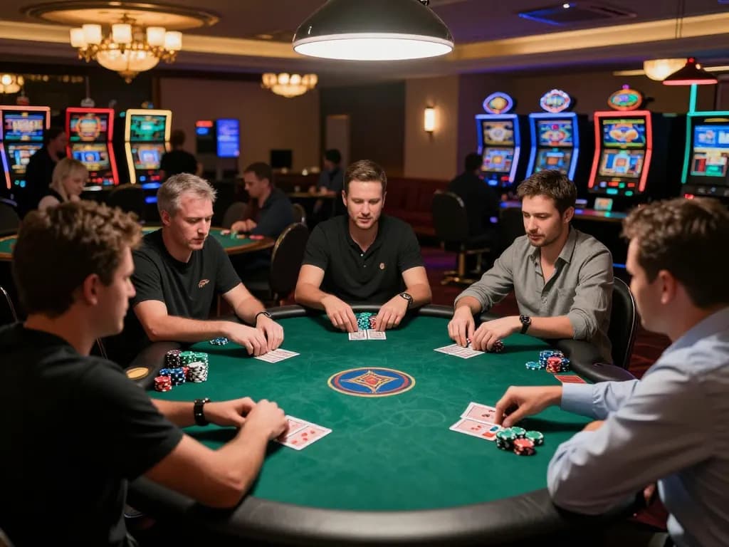 Players strategizing in a thrilling F8bet poker game at an upscale casino table
