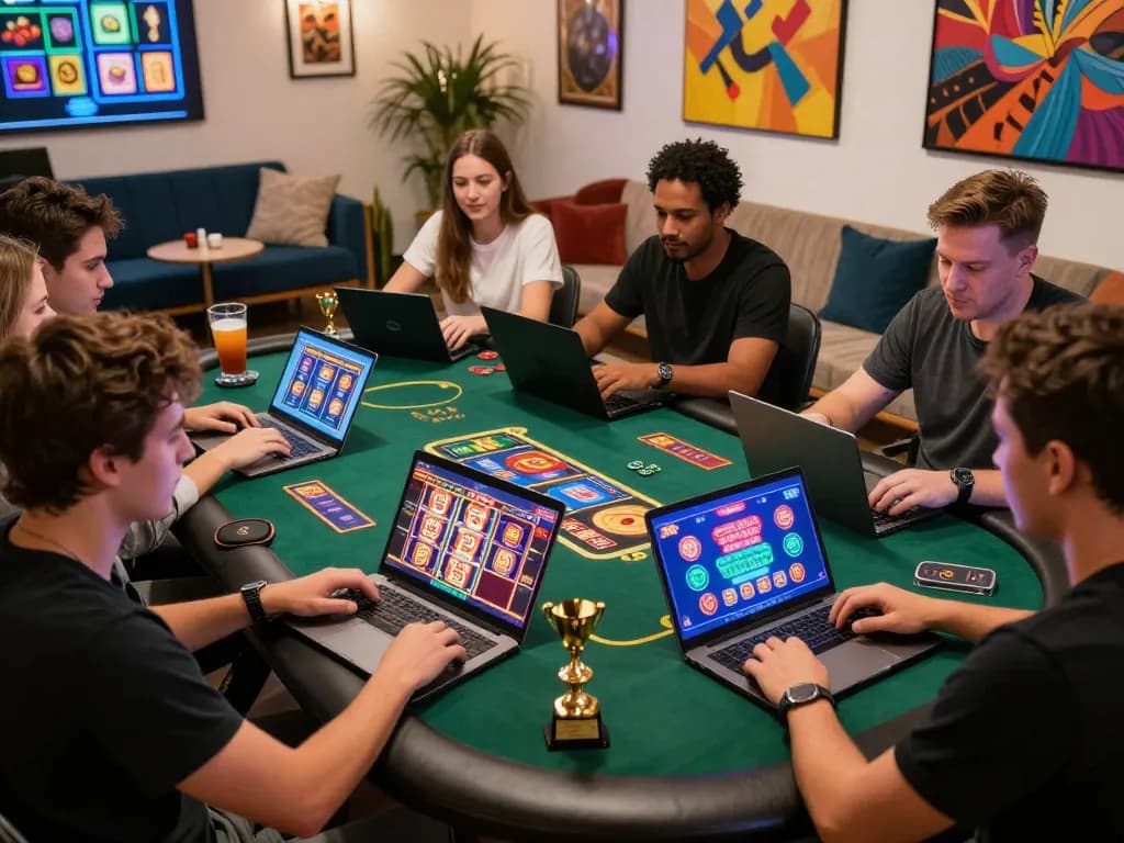 Engaging online casino scene featuring winstrike69, diverse players enjoying various games in a vibrant setting.