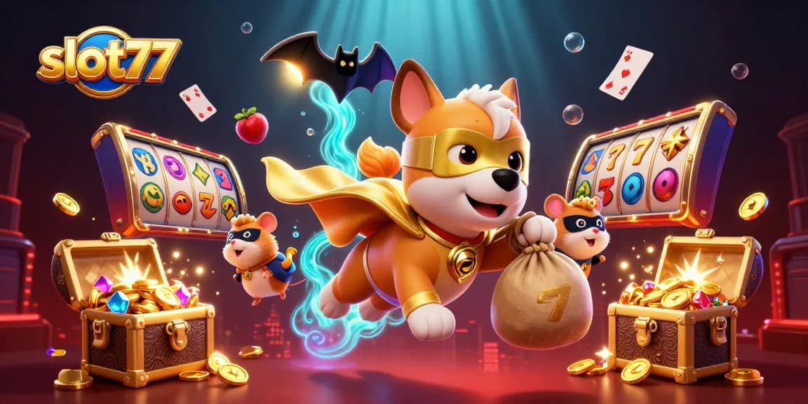 Spin slot77 reels with a superhero dog and hamster, amidst sparkling coins and vibrant gems!