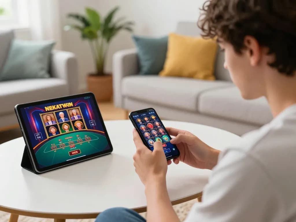 Engaging scene of a player enjoying NEKATWIN slots on a smartphone in a cozy home environment