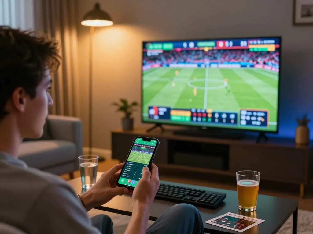 Engaged bettor analyzing live sports betting odds on smartphone, enhancing tr88 strategy for optimal outcomes.