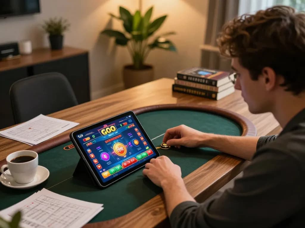 Engaging in Go 88 online casino game on tablet during cozy setting.
