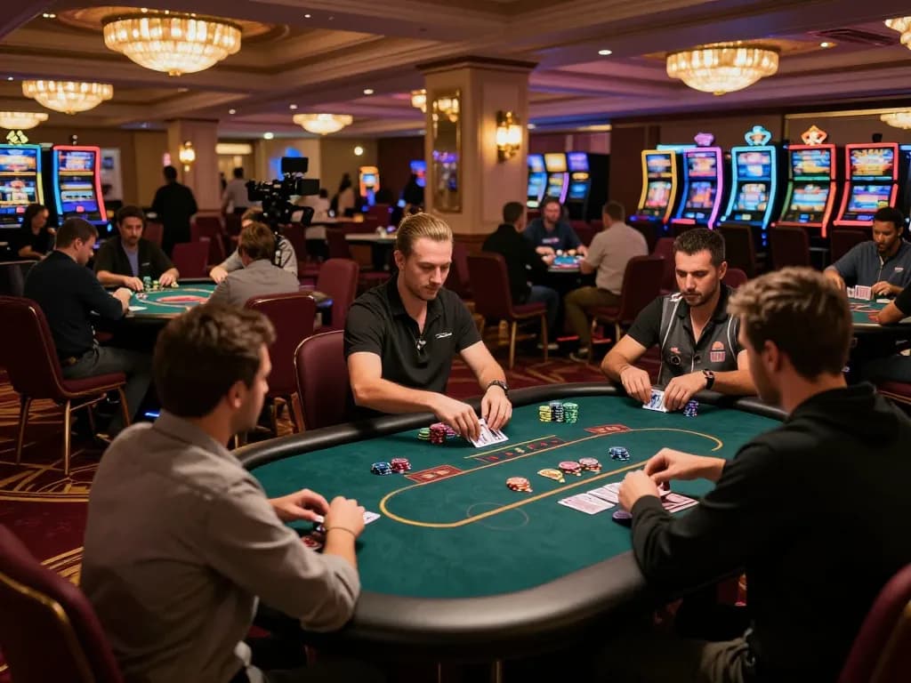 Create a Caricature while enjoying the dynamic atmosphere of a bustling casino floor with poker tables and players.