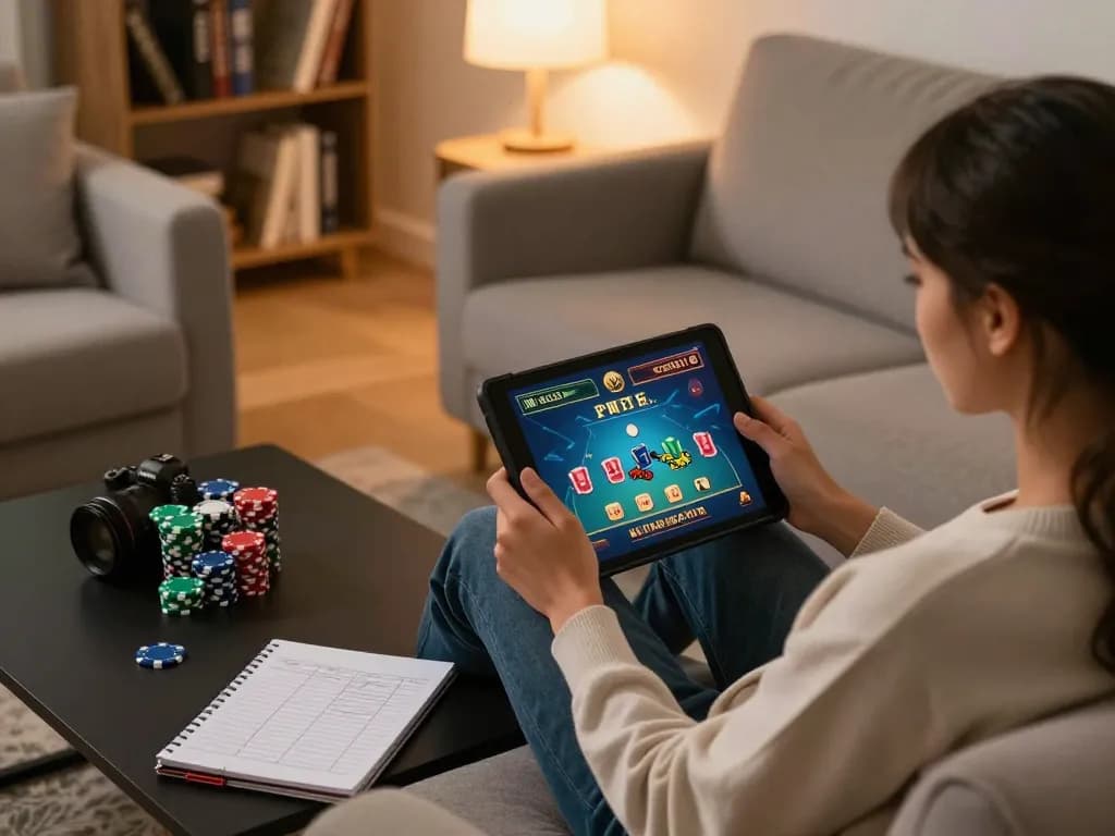 Player enjoying open 88 online casino on a tablet in a cozy home setting, enhancing responsible gaming focus.