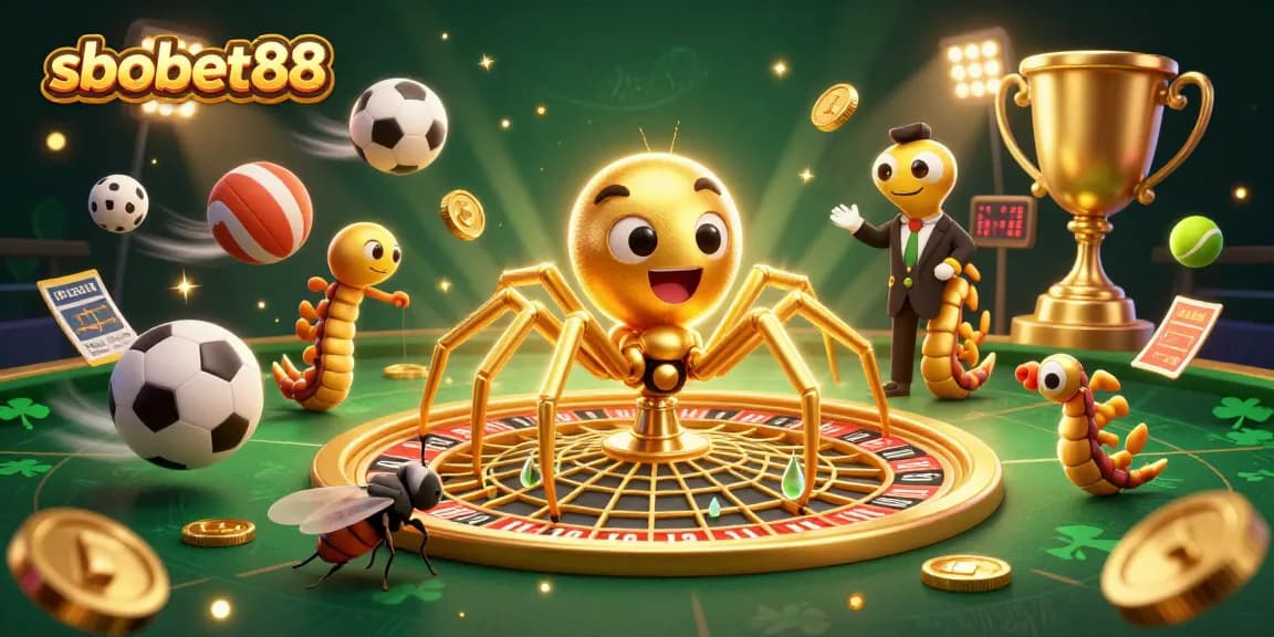 Betting strategies come alive at sbobet88 with a dynamic illustration featuring a golden spider and sports elements.