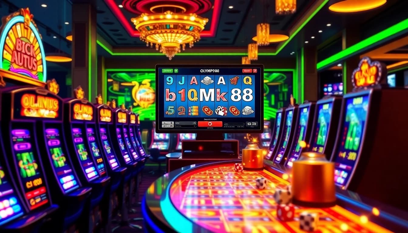 OLYMPUS88 online slot interface showcasing vibrant slot machines and casino props for an exciting gambling experience.