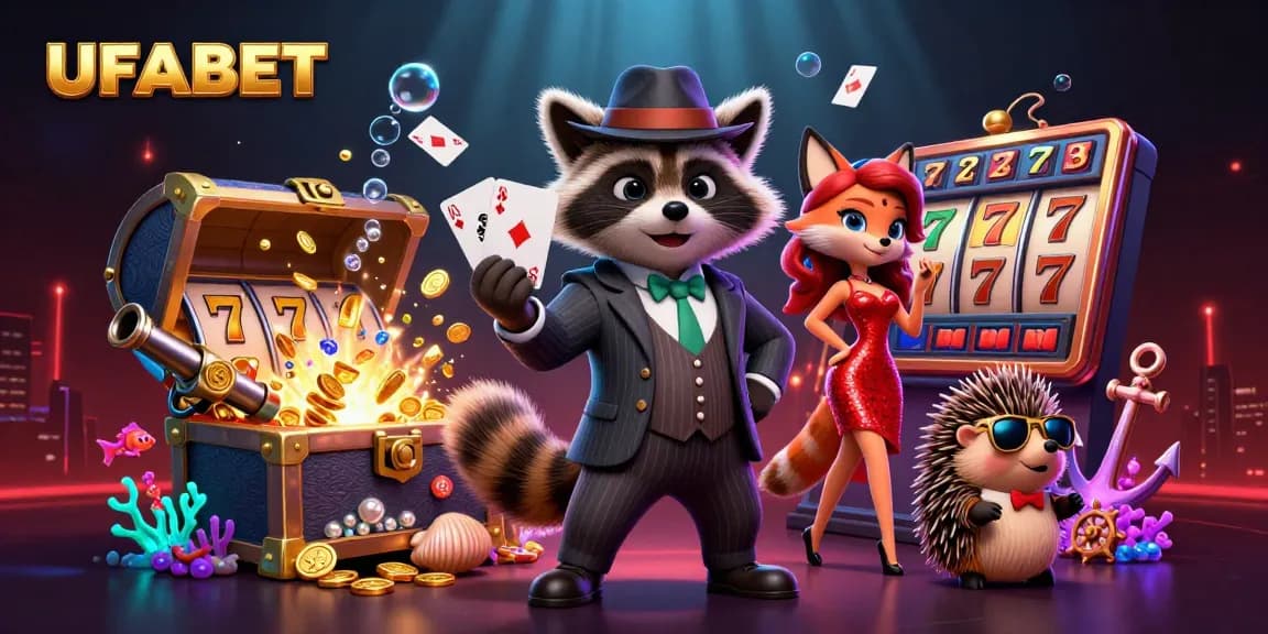 Experience top-tier gaming with UFABET in this vibrant casino-themed illustration showcasing a lively raccoon and friends.