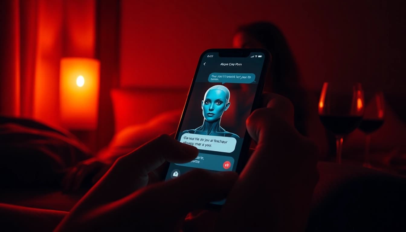AI chat porn conversation displayed on a smartphone in an intimate setting.