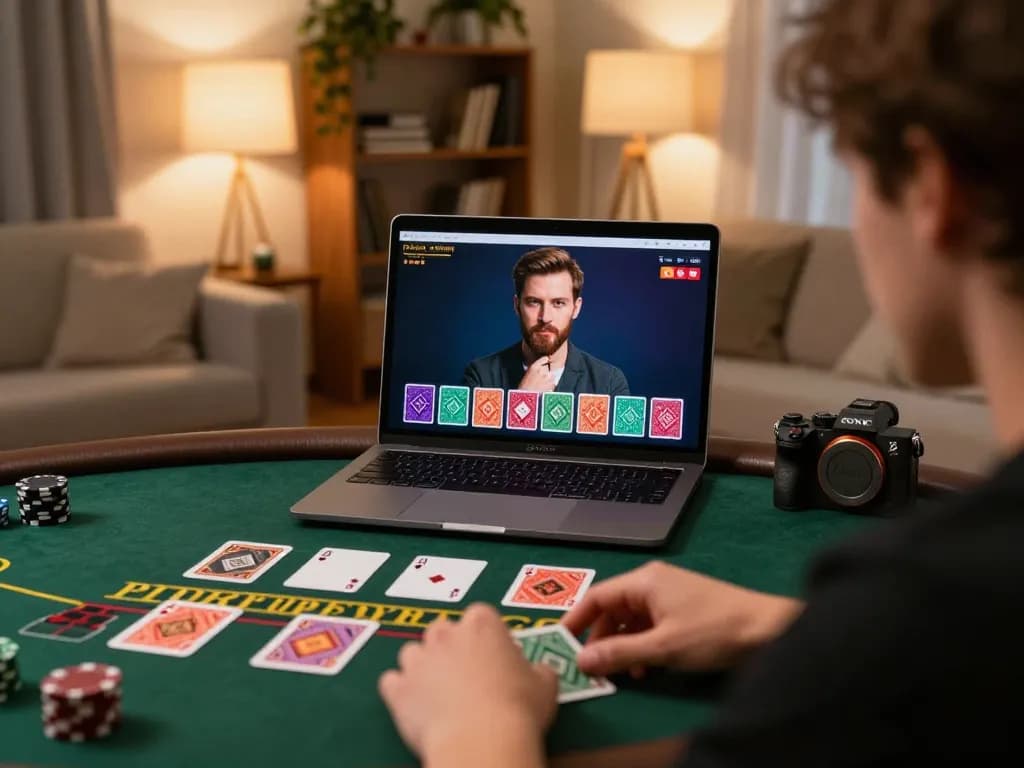 Player experiencing tg88 live dealer gameplay on laptop in cozy home atmosphere for responsible gambling