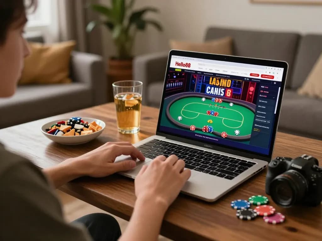 Hello88 player engaging in online poker from a cozy living room setup, showcasing strategy and fun.