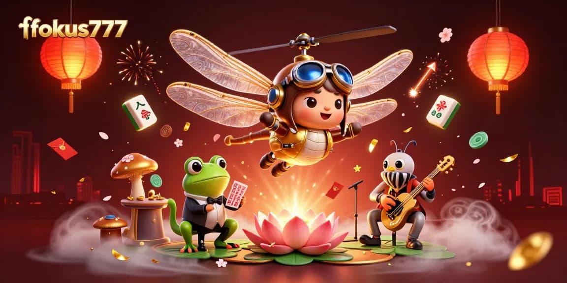 Fokus777 players enjoying lively games at a colorful lily pad casino with vibrant characters and festive elements.
