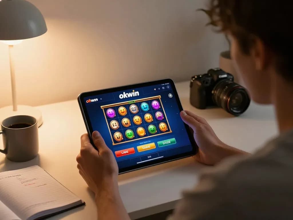 Engaging with the okwin gaming app on a tablet for an immersive online gambling experience at home.