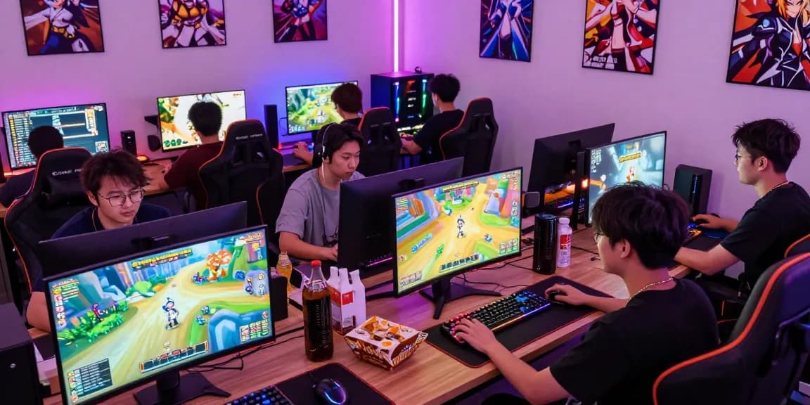 Players enjoying a gay ecchi game at a colorful gaming setup, showcasing vibrant visuals and camaraderie.