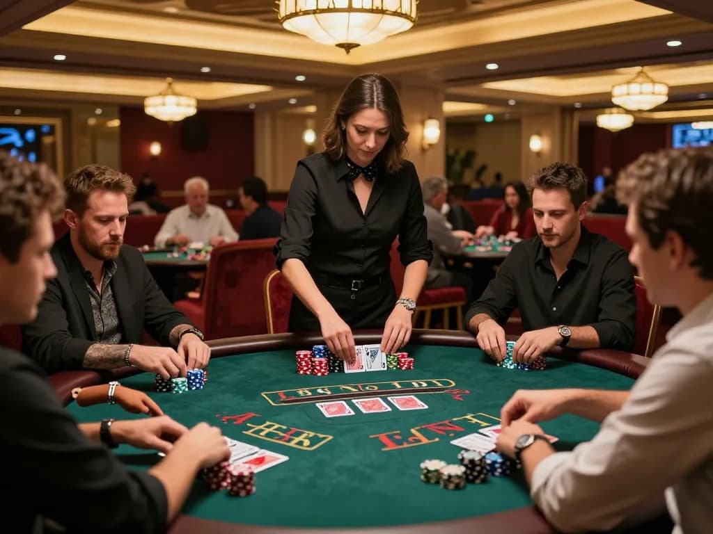Players strategizing in an SC88 blackjack game with stacked chips at a bustling casino.
