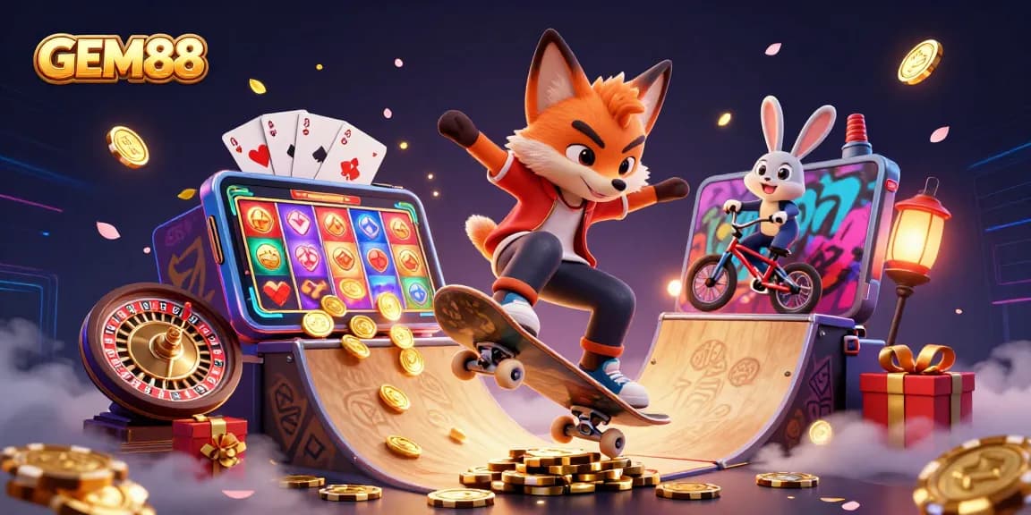 Engage with GEM88's thrilling slots and gameplay in a vibrant casino scene.