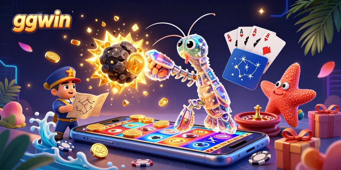 Engage with ggwin's thrilling slot games as a galactic mantis shrimp strikes golden gems amidst a colorful casino backdrop.
