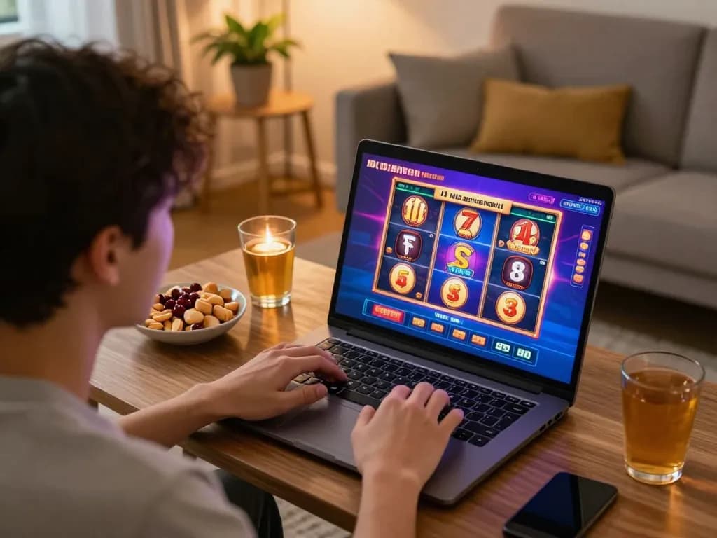 Engaging with IDCASH88 online casino on a laptop showcasing vibrant slot games