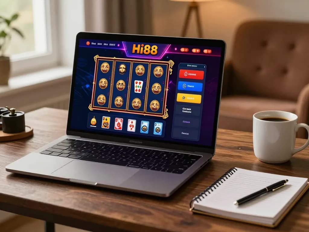 hi88 online gaming setup with vibrant slot machine interface and cozy ambiance