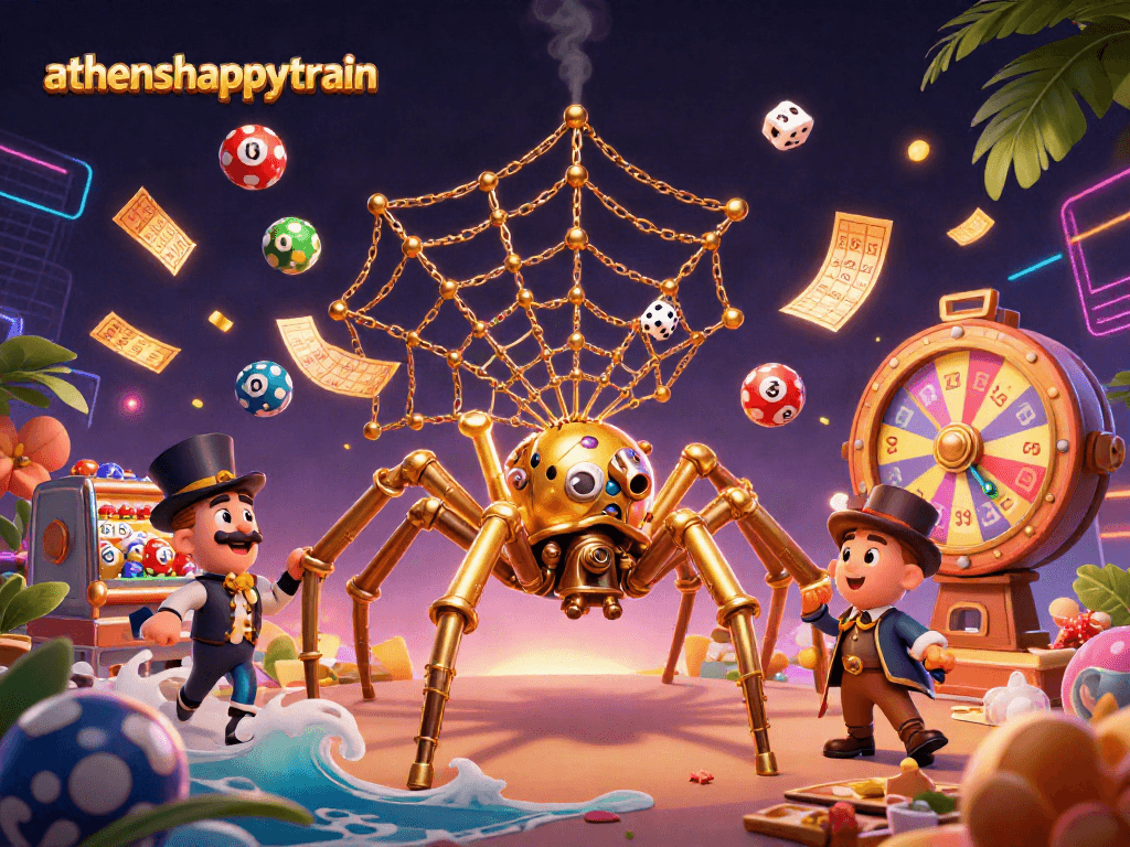 Catch the excitement of athenshappytrain with a dynamic 3D lottery and gaming scene in vibrant colors.