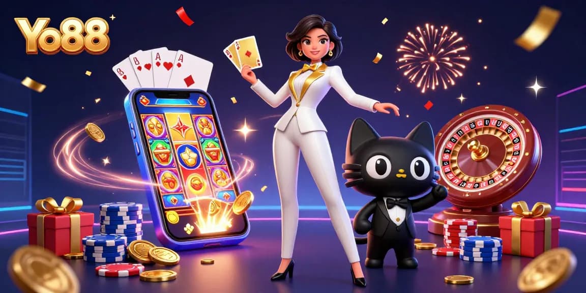 Win big with Yo88 in this vibrant casino illustration showcasing exciting gaming elements.