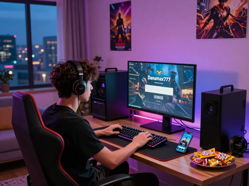 Pengalaman login Danamax777 yang menarik dalam pengaturan permainan modern, menampilkan perangkat gaming dan suasana yang hidup.
