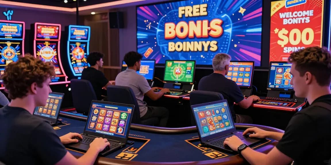 Players enjoying new online casinos with vibrant graphics and game options, creating an engaging and exciting atmosphere.