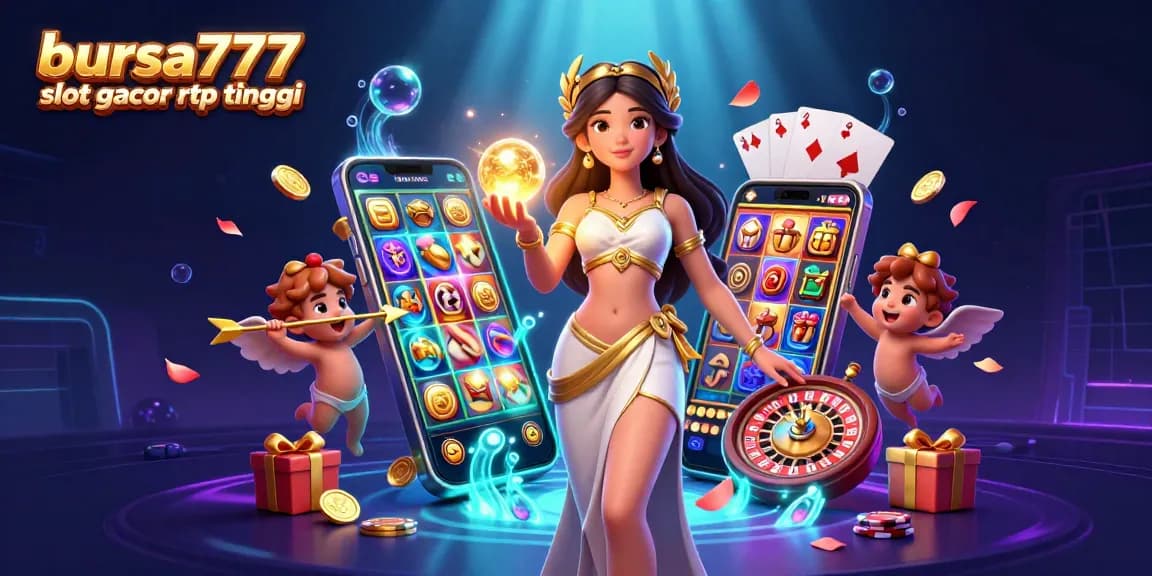 Bursa777 slot gacor rtp tinggi illustration showcasing exciting slot games, attractive jackpots, and vibrant casino atmosphere.