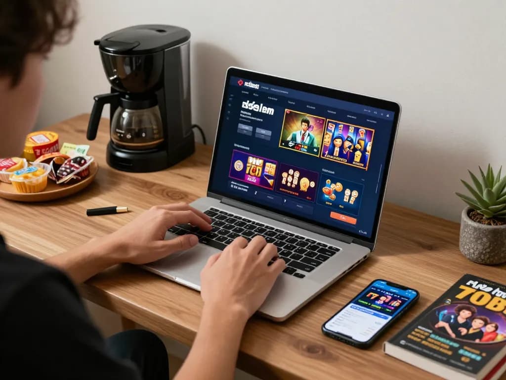 Engaging in online gaming with nhà cái 789bet on a laptop, showcasing vibrant screen and cozy setup.
