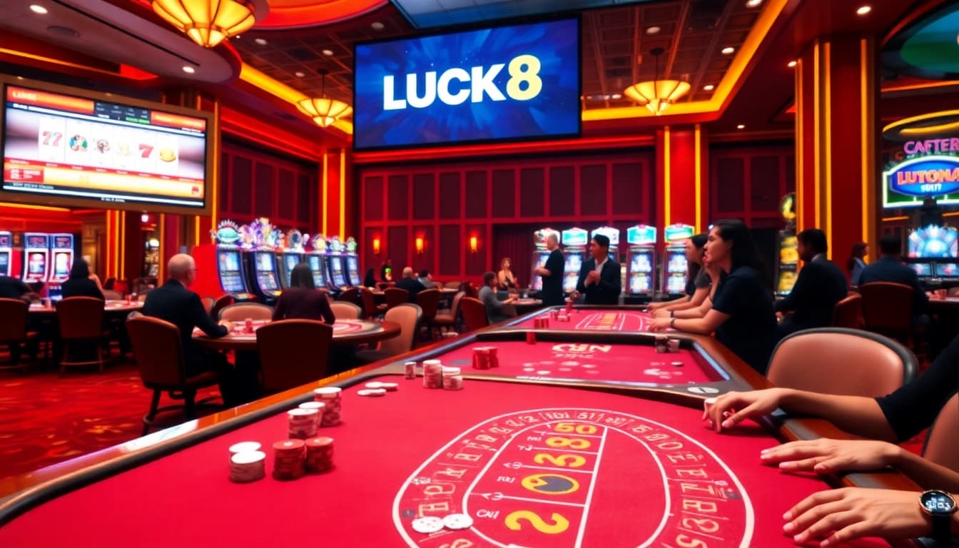 LUCK8 players enjoying an exciting game at a luxury casino table with bright lighting.