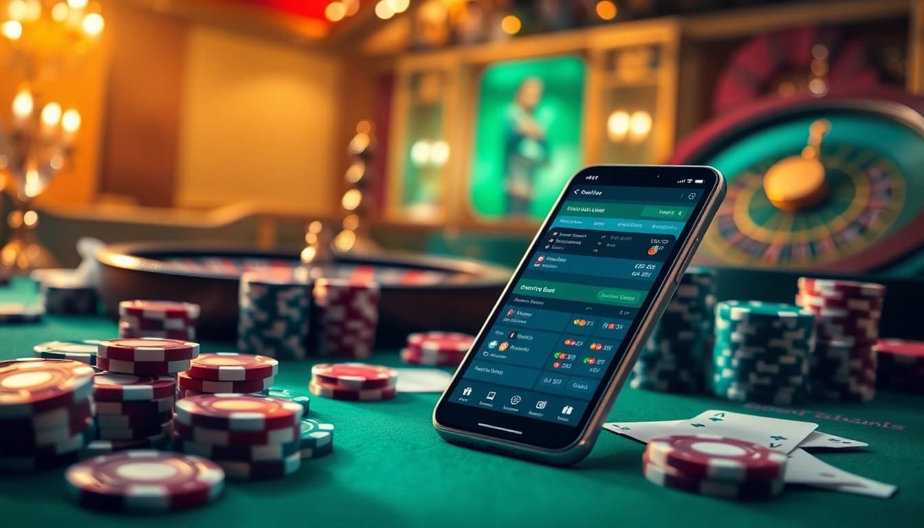 Engaging scene of online betting on Situs Judi Bola Resmi with casino elements.