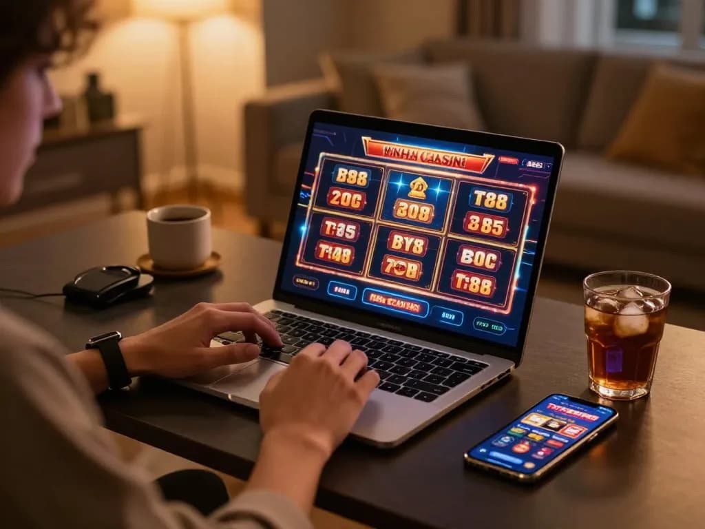 Engaged player using the tr88 casino app on a laptop during an online gaming session.