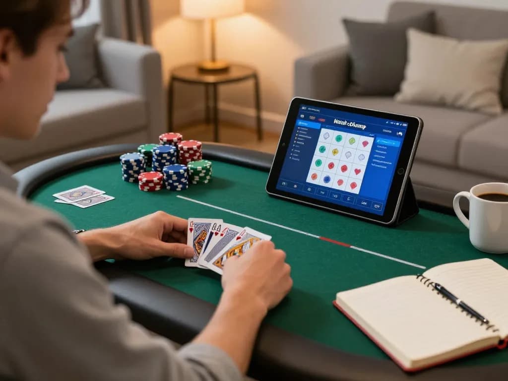 Player engaged in an online poker game on a tablet, showcasing incakoin strategies and a cozy home setting.