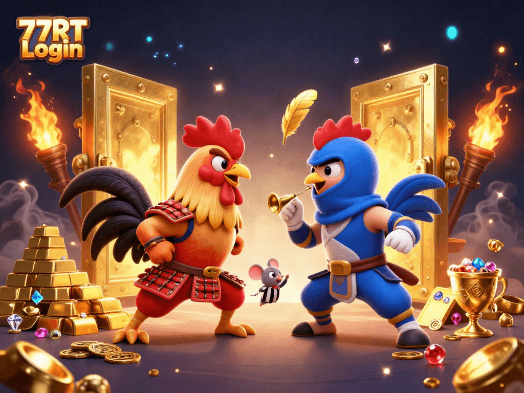 Engage with thrilling fights in 77RT Login, featuring samurai and ninja roosters.