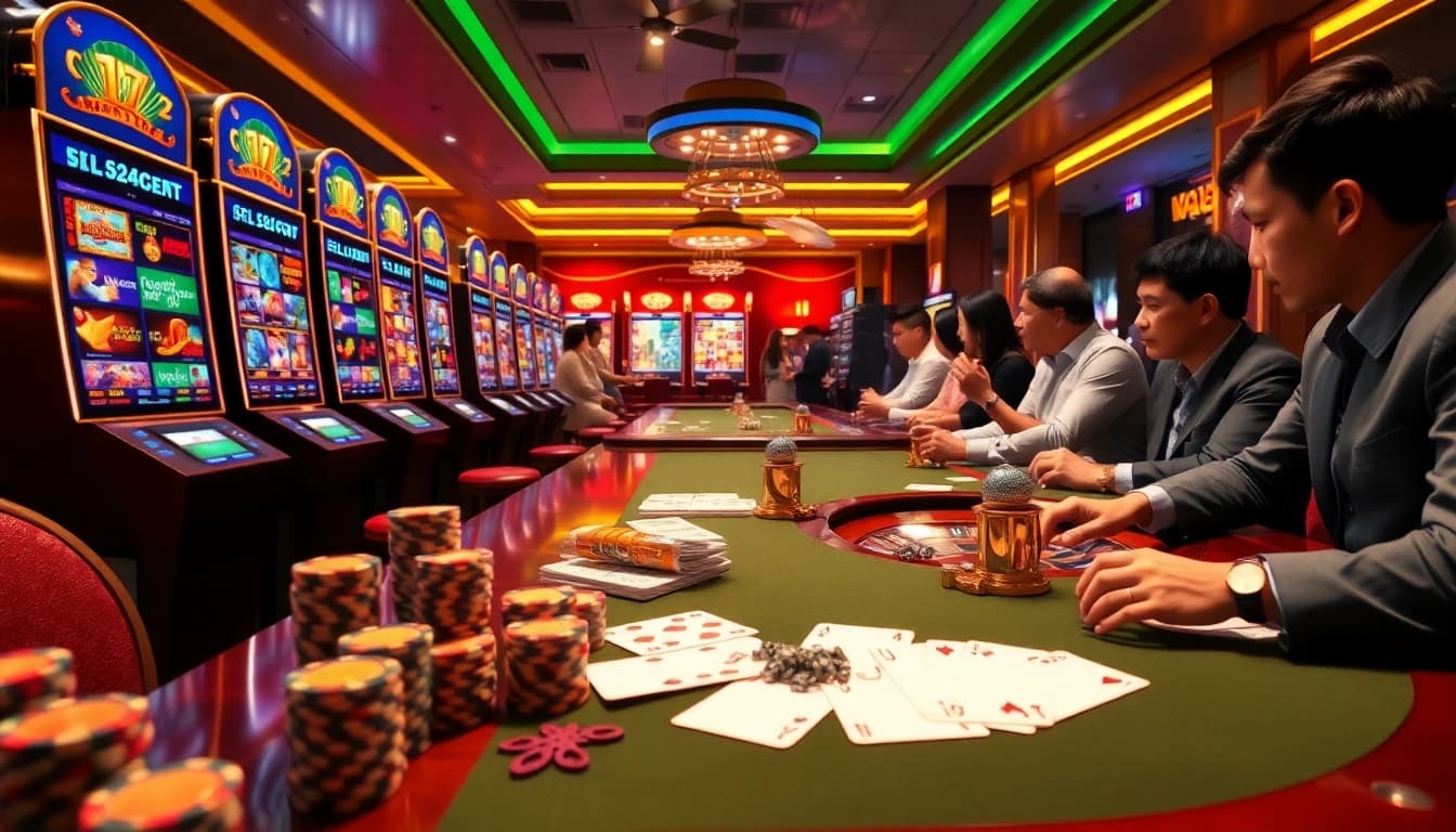 Pengalaman perjudian online yang mendebarkan di aman788 dengan mesin slot yang berwarna-warni dan pemain yang menikmati permainan mereka.