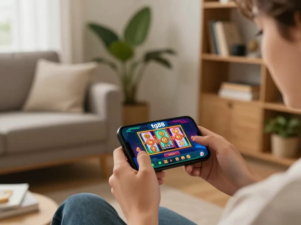 Engaged user playing at tg88 casino app on smartphone in cozy home setting