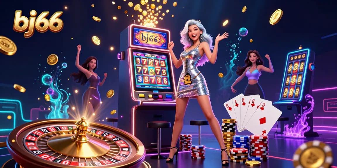 Win big with bj66's dynamic gambling action, showcasing a glamorous Asian woman celebrating a jackpot in a vibrant casino.