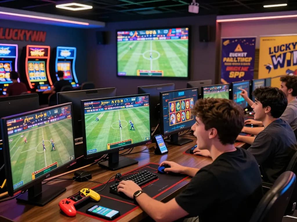 Exciting gaming atmosphere at https://luckywin.free/ with players engaged in sports betting and online casino games.