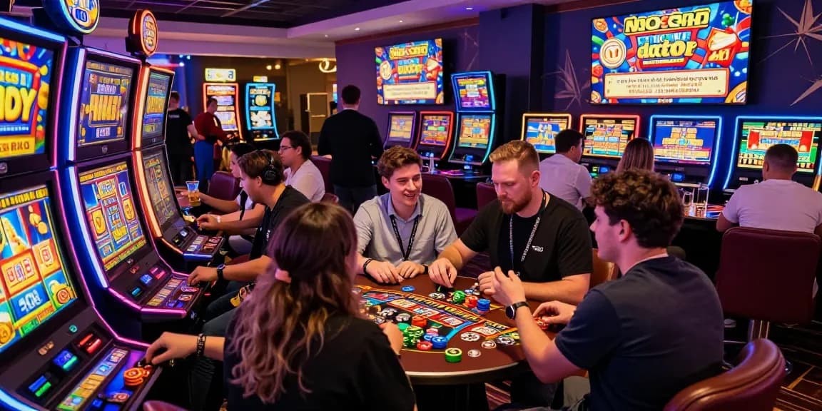 Players enjoying Bonus Buy Slots UK experience with vibrant machines and lively casino atmosphere.
