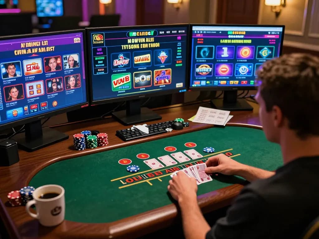 Engaging scene of non gamstop casinos gameplay on multiple screens at home, showcasing online blackjack.