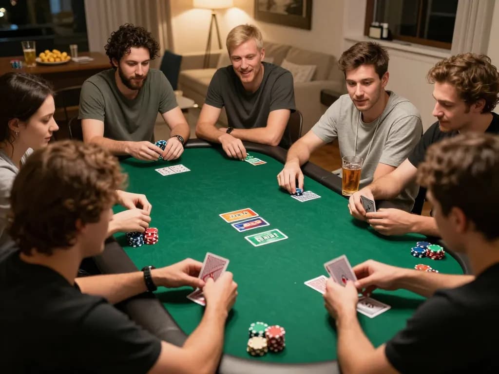 Friends engaged in an exciting poker game at home, showcasing dynamic gameplay with CM88.