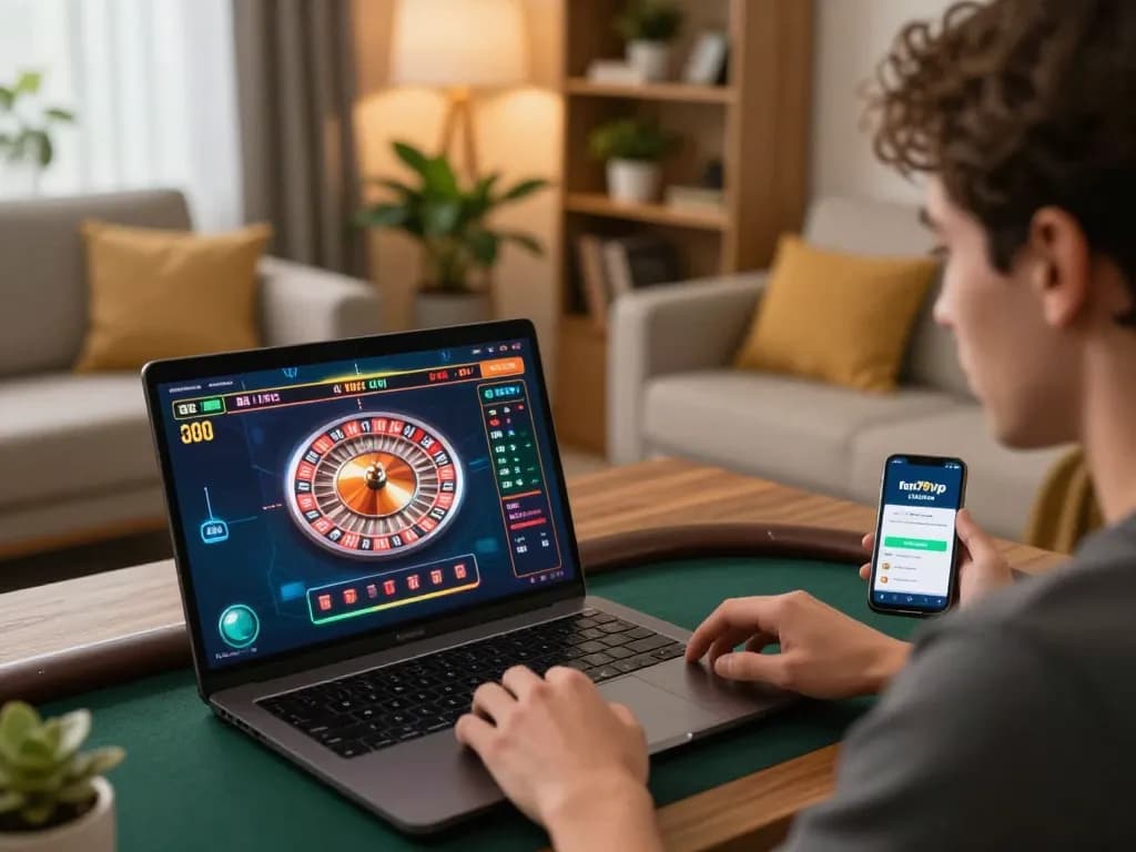Exciting online gaming moment with fun79vip casino app on laptop, capturing dynamic roulette gameplay.