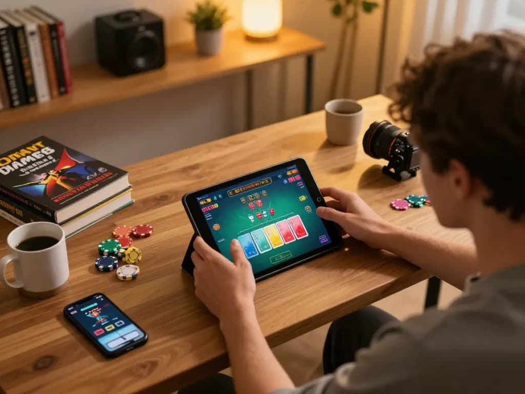 Kubet79 player engaging in an online baccarat game on a tablet at home, showcasing strategic gameplay.