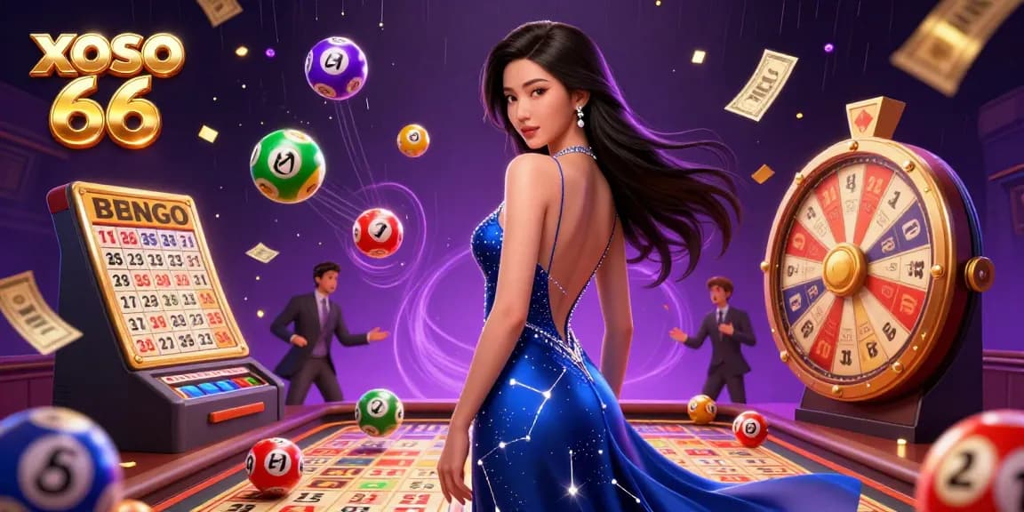 xoso 66 captures the excitement with vibrant lottery elements and a dazzling casino atmosphere.