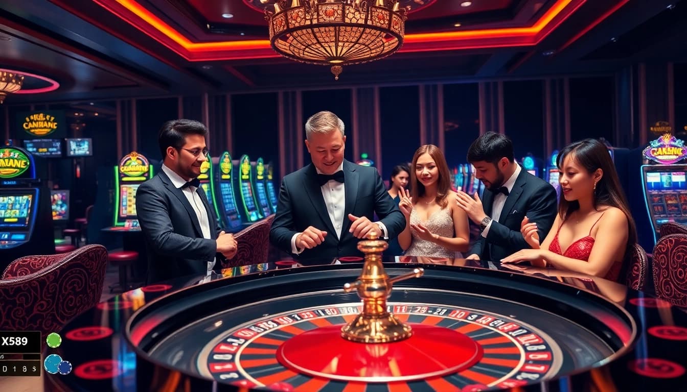 Experience the thrill of DN88 with players enjoying an exciting casino game at an elegant roulette table.