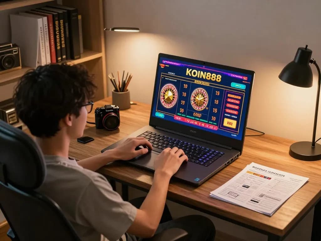 Pengalaman permainan KOIN888 secara online di laptop dalam setelan rumah yang nyaman.